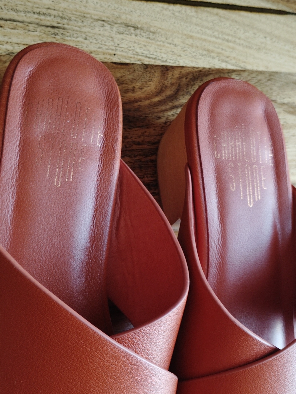 Charlotte Stone Burnt Orange Leather Criss Cross Slide Wooden Platform Sz 8 - Picture 5 of 5